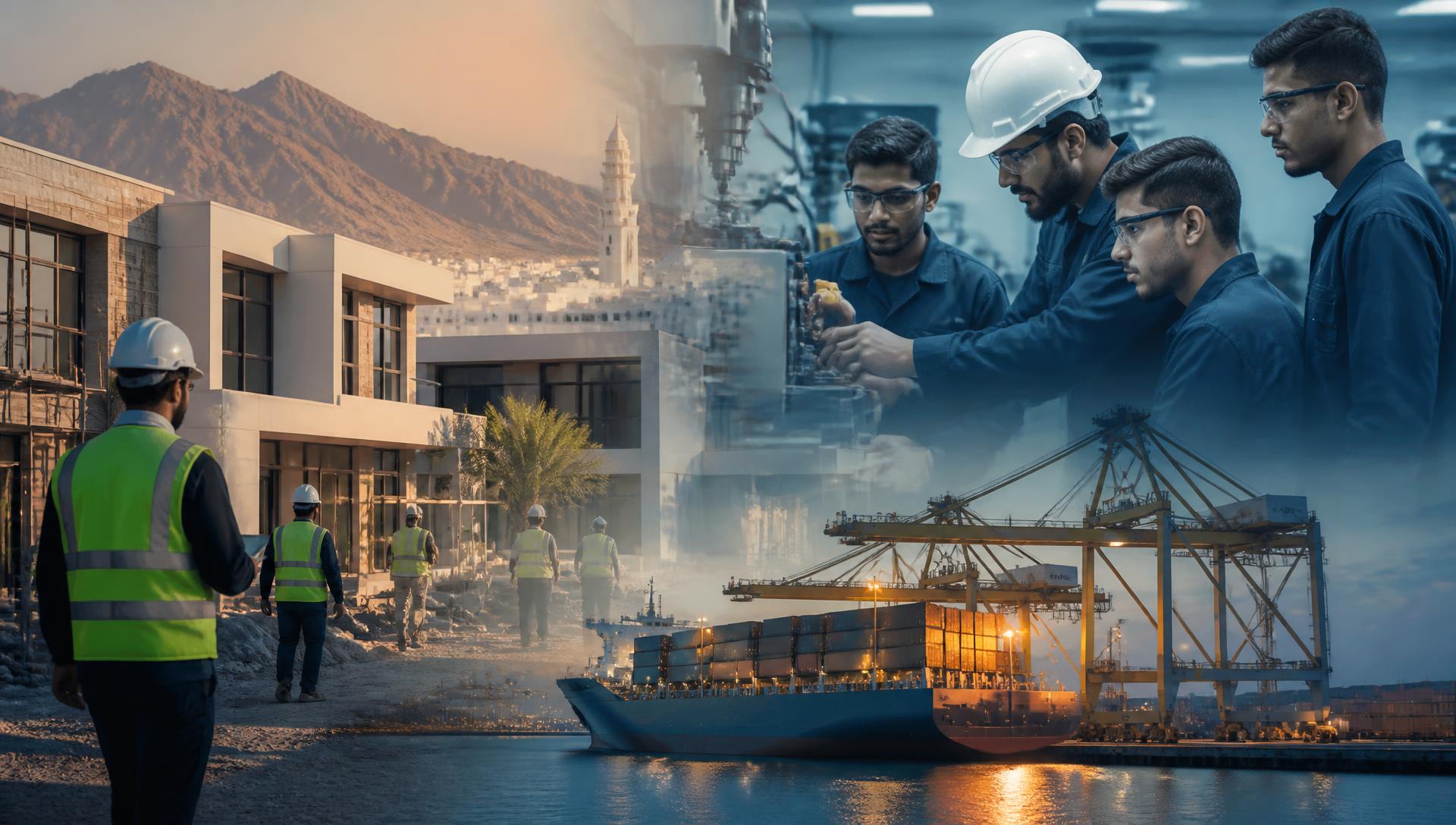Construction site, technical training workshop and container port in one composition