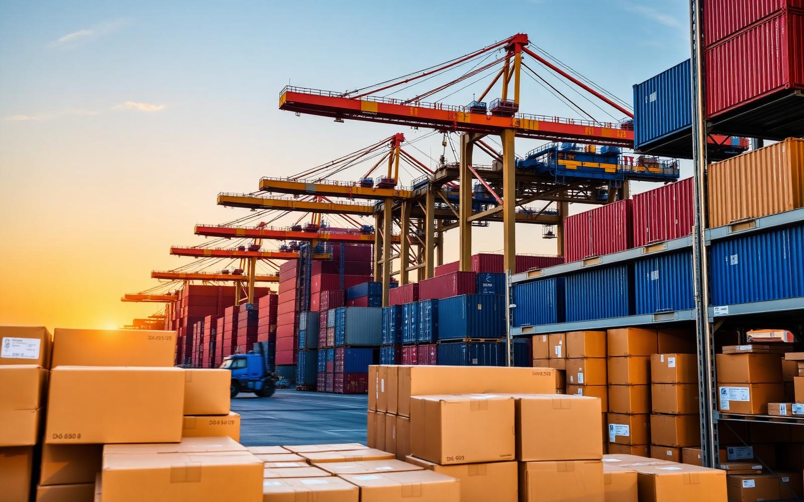 Container terminal at golden hour with organised warehouse cartons